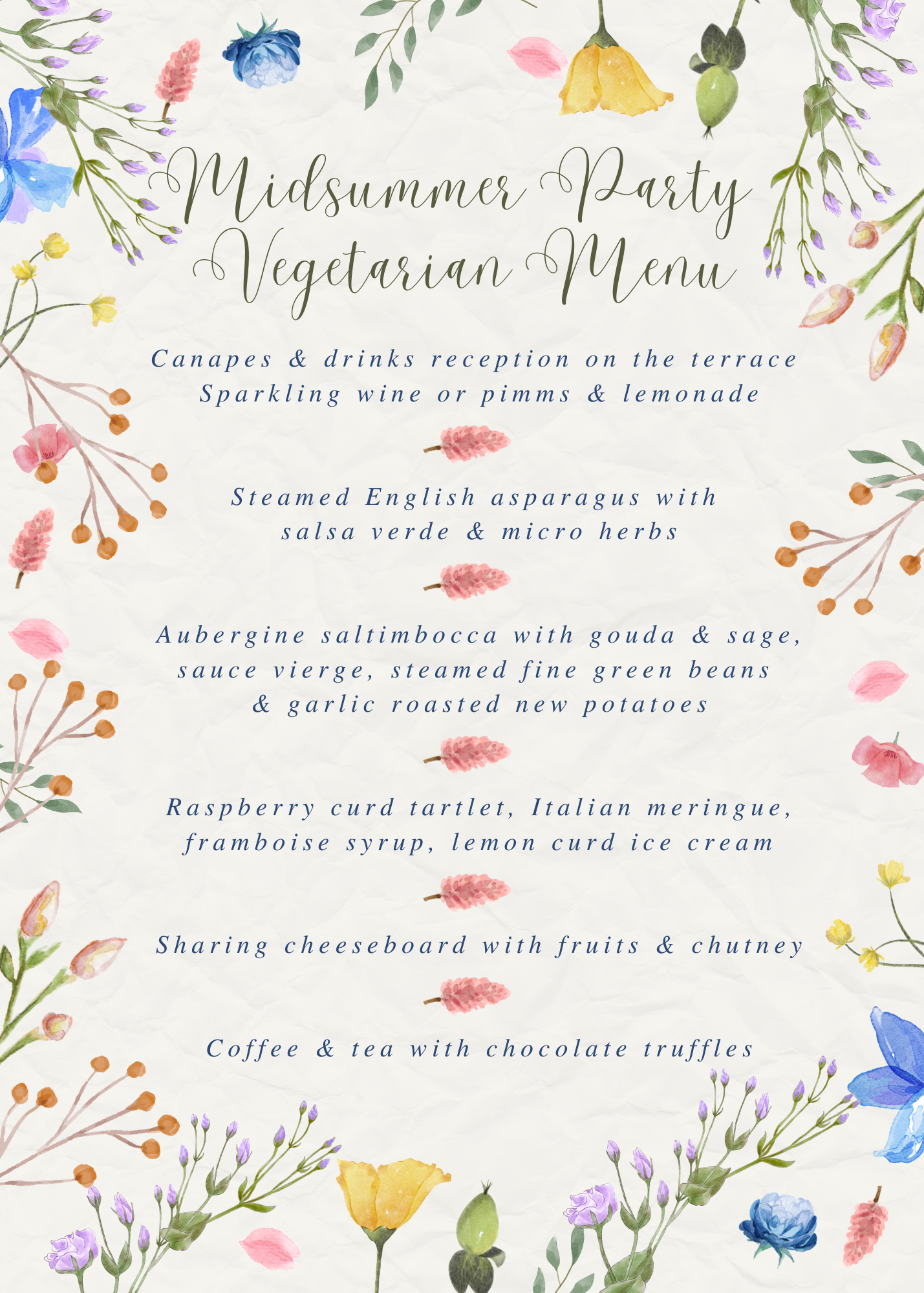 Midsummer Party Vegetarian Menu with floral border; lists canapes and drinks, asparagus, aubergine saltimbocca, desserts, and cheeses.