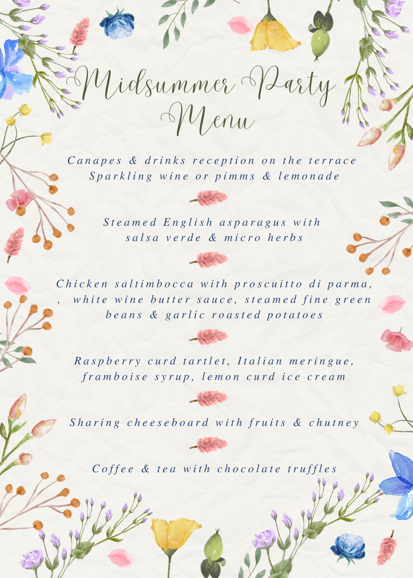 Elegant menu cover reading 'Midsummer Party Menu' on a crumpled paper background with watercolor floral border around the edges and blue script text below.