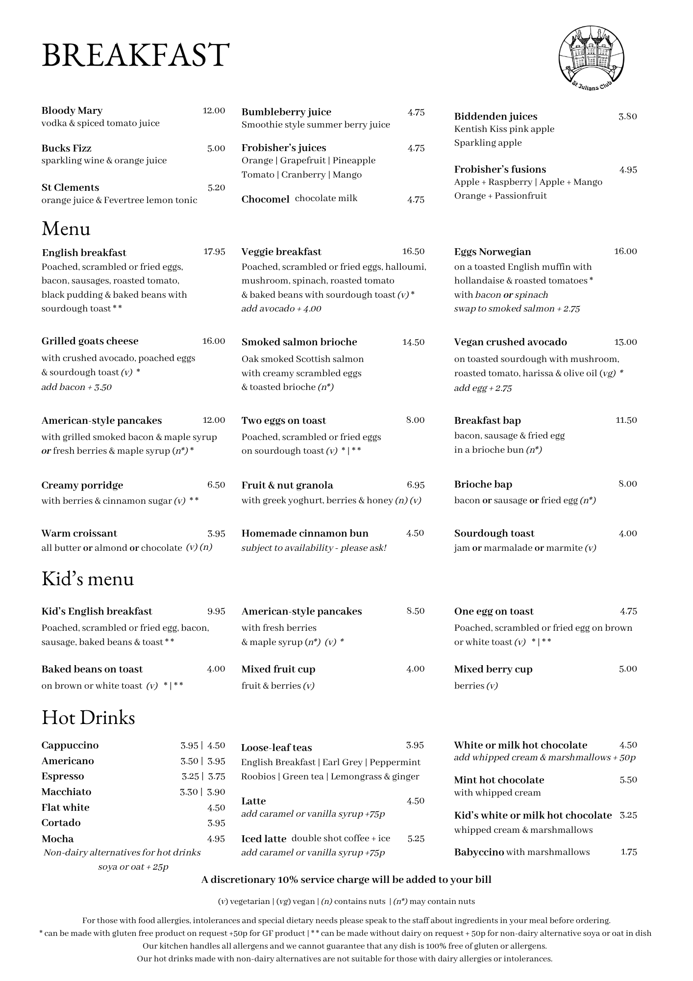 Breakfast menu page with columns of items and prices, castle logo top-right, includes drinks and dishes (e.g., English breakfast, veggie options, kids’ menu).