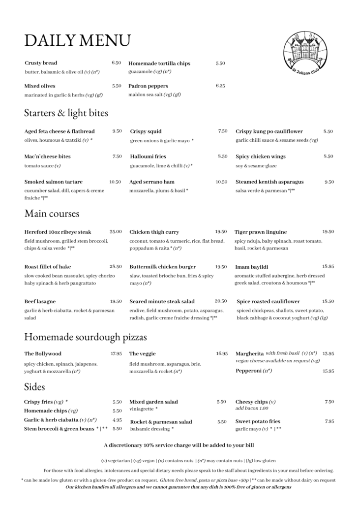 Restaurant menu page showing daily offerings with sections for Starters & light bites, Main courses, and homemade sourdough pizzas; logo on the right.