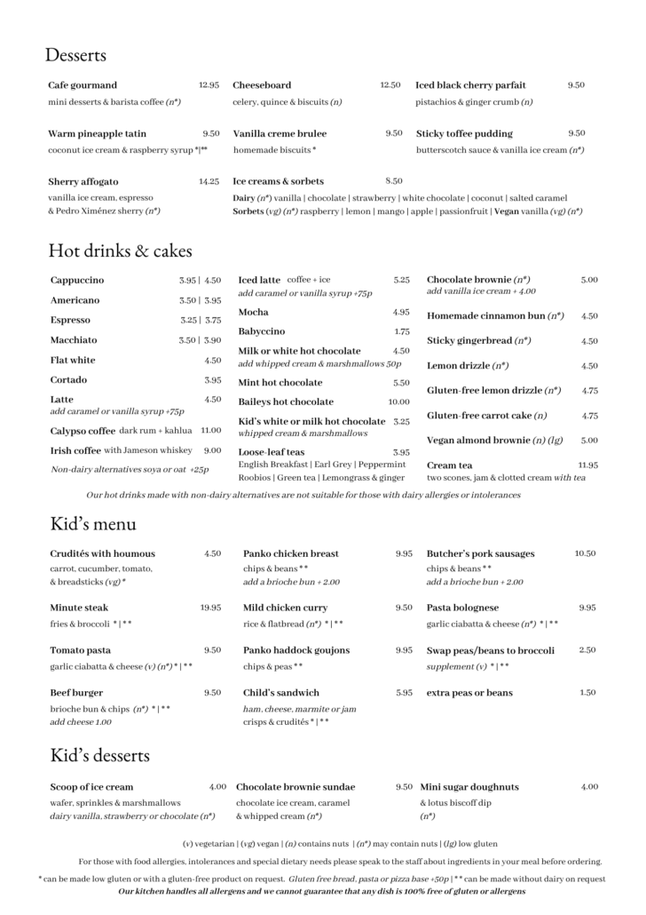 Restaurant menu page showing desserts, hot drinks, and kid’s menu with item names and prices.