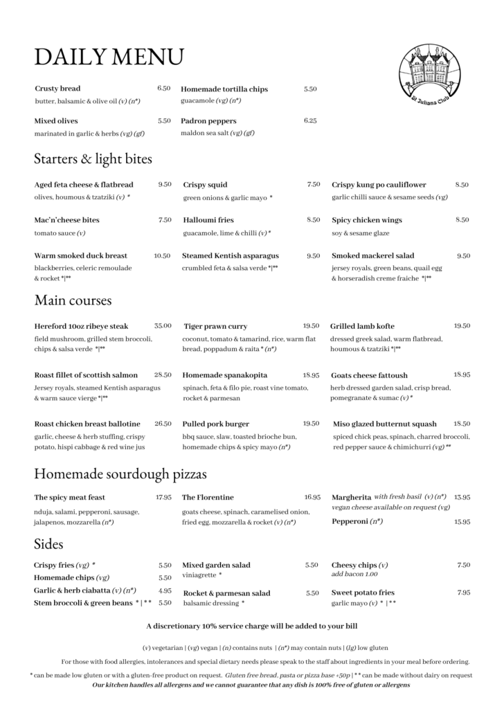 Full-page daily menu layout with sections for Starters & light bites, Main courses, Sides, and a logo at the top right.
