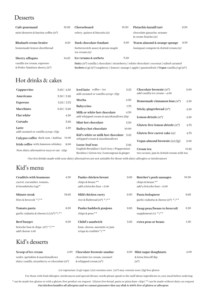 Desserts and drinks menu page showing item names with prices in a two-column layout, including sections for Desserts, Hot drinks & cakes, and Kid’s menu