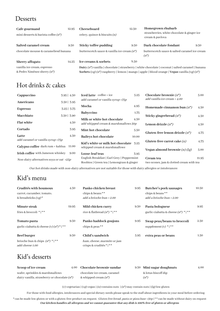 Menu page showing desserts and hot drinks sections with item names and prices (e.g., Cafe gourmand, Cheeseboard, Iced latte).
