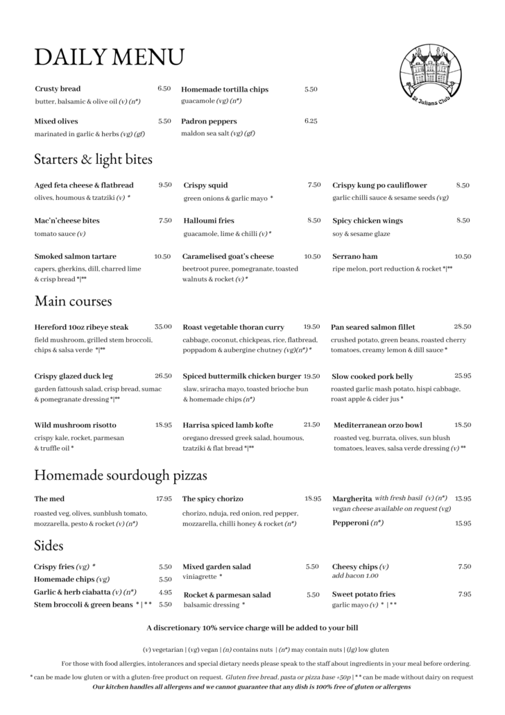 Three-column daily menu layout with item names, descriptions and prices, and a circular logo to the right.