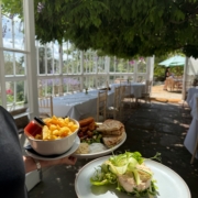 August Close-up of a plate with chips, dip and wraps being served at an outdoor luncheon, with a garden dining area in the background.