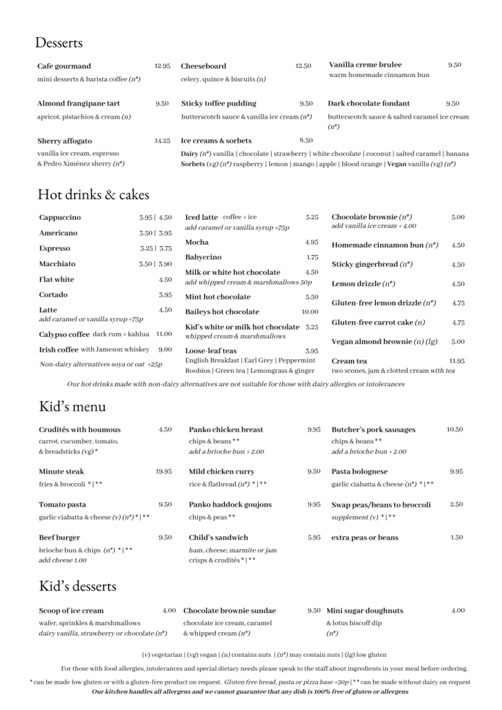 Restaurant menu page showing Desserts and Hot drinks & cakes sections with item names and prices in a multi-column layout.